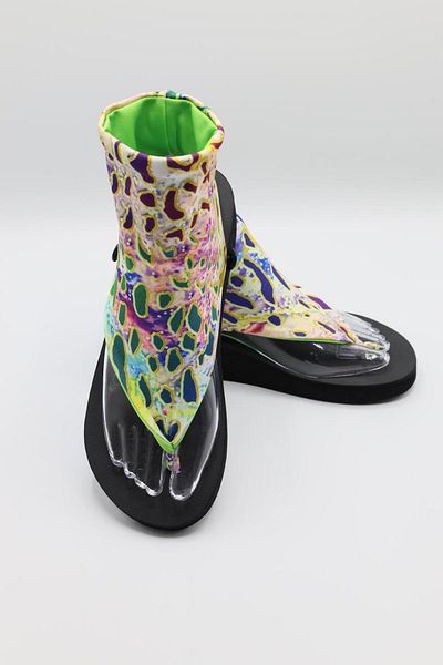 CATCHY WOMEN'S CHANGING TOP SANDALS - BLACK THICK SOLE GREEN PATTERNED