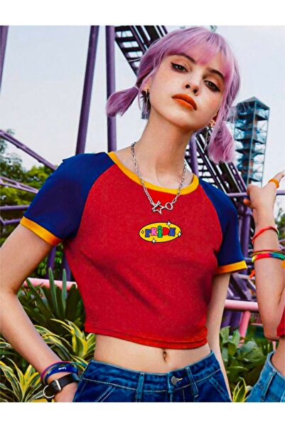 Pride baskılı kırmızı mavi slim fit crop top t-shirt retro tasarım tişört