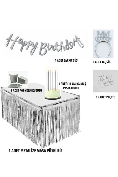 AKTEZ-EL Silver Concept Party Supplies- Happy Birthday Pendant-Table Tassel-Pop Corn Box- Candle-Crown-Patch