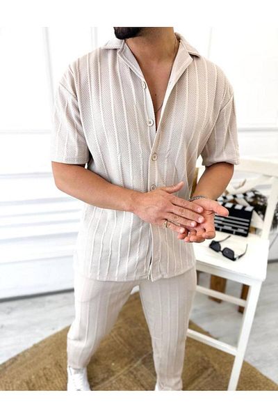 elkumoda Πουκάμισο Oversize 100% βαμβακερό ύφασμα κατά του ιδρώτα ιταλικό γιακά ριγέ κοντομάνικο πουκάμισο