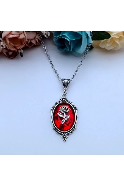 Herşey Nota Gotik Victorian Gül Detay Tablo Kolye 1 adet Kırmızı Kolye