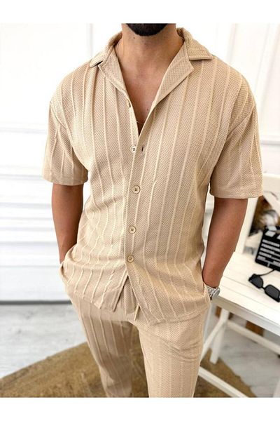 elkumoda Риза Oversize 100% памучна неизпотяваща материя Риза с италианска яка с раирани къси ръкави