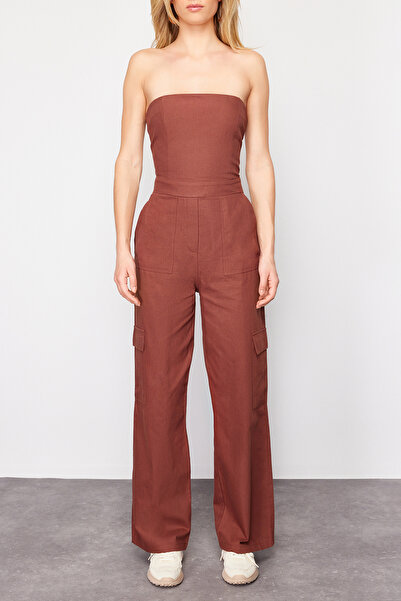 Trendyol Collection Καφέ Cargo Pocket Στράπλες γιακά Μαξι υφασμάτινη φόρμα TWOSS23TU00192