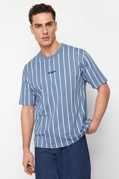 Trendyol Collection Indigo ριγέ υπερμεγέθη βαμβακερό μπλουζάκι - TMNSS24TS00202