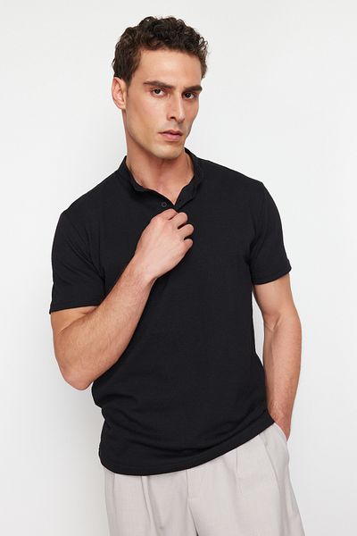 Trendyol Collection Black Regular/Normal Cut Texture Prevailing Collar Button T-shirt TMNSS24PO00018