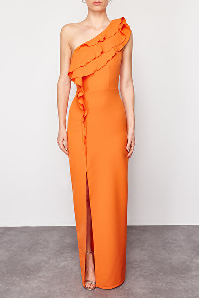 Trendyol Collection Rochie de seară lungă, țesută cu o singură mânecă, portocaliu TPRSS24AE00130