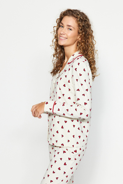Trendyol Collection Beige Knitted Pajama Set with Heart Trim - 100% Cotton Thmaw24Pt00103