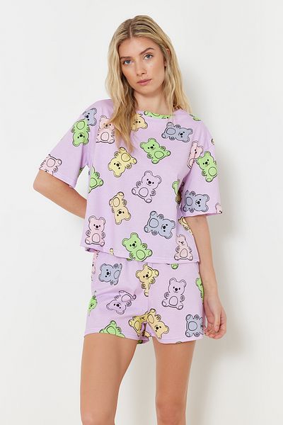 Trendyol Collection Sada pyžama Lilac Teddy Bear ze 100% bavlny - THMSS24PT00072