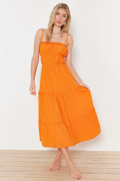 Trendyol Collection Pomarańczowa marszczona sukienka plażowa Maxi TBESS24EL00081