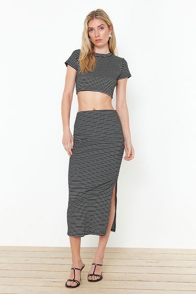 Trendyol Collection Stretchy Corded Black Striped Blouse and Skirt Set - TWOSS24AU00124