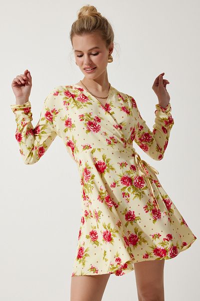 Happiness İstanbul Női sárga virágos mini becsomagolt sifon ruha UB00274