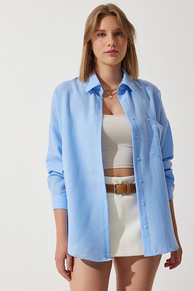Happiness İstanbul Himmelblaues Oversize-Leinenhemd Ayrobin für Damen DD01222