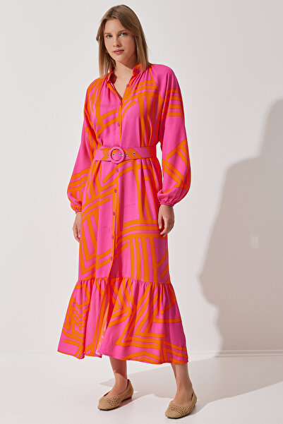 Happiness İstanbul Γυναικείο πορτοκαλί ζωσμένο φόρεμα oversize καλοκαιρινό βισκόζη ZH00034