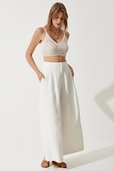 Happiness İstanbul Dámská krémová perlová pletená halenka Crop Knitwear BV00117