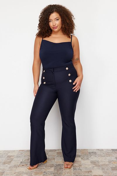 Trendyol Curve Navy Blue Buttoned Spanish Leg Gathering Plus Size Trousers - TBBAW23AR00057
