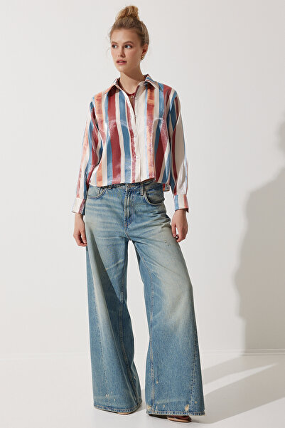 Happiness İstanbul Dámská červená modrá košile se saténovým povrchem krátká CR00435