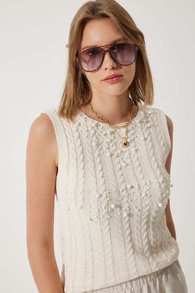 Happiness İstanbul Cremefarbener Sommer-Strickpullover mit Perlenstruktur für Damen BV00118