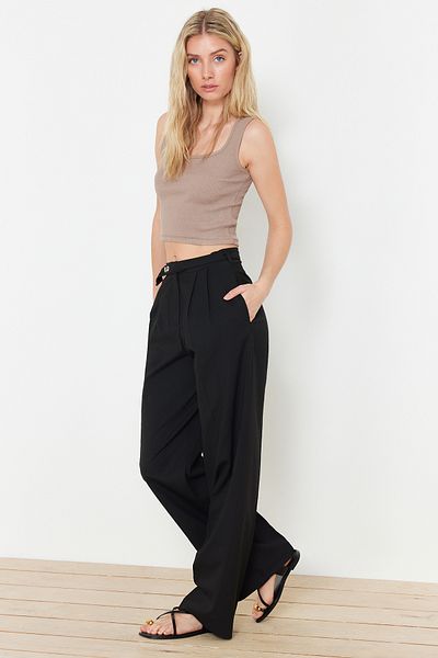 Trendyol Collection Black Straight Cut Belted Woven Trousers - TWOSS24PL00023