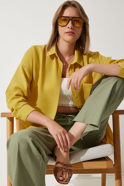 Happiness İstanbul Senfgelbes Oversize-Leinenhemd Ayrobin für Damen DD01222