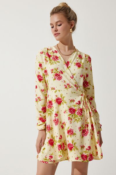 Happiness İstanbul Női sárga virágos mini becsomagolt sifon ruha UB00274