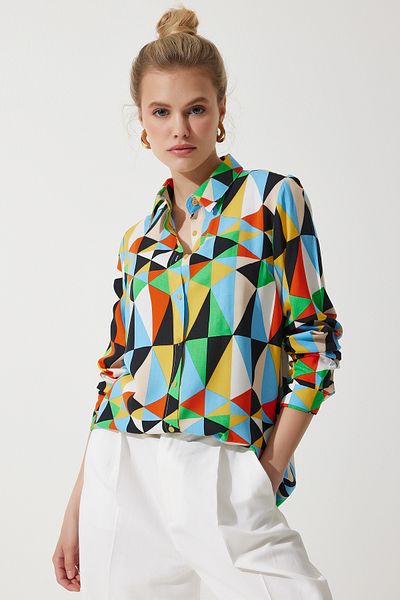 Happiness İstanbul Cămașă de damă din viscoză, albastru roșu, cu modele grafice DD00138