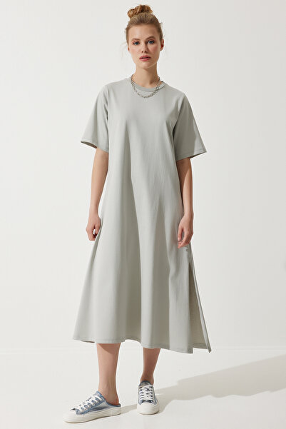 Happiness İstanbul Dámské šedé šaty s kulatým výstřihem, volné pohodlné česané bavlněné šaty BP00158