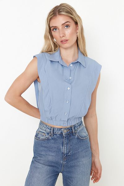 Trendyol Collection Blue Crop Sleeveless Woven Shirt - Shoulder Detail, Waist Fitting TWOSS24GO00161