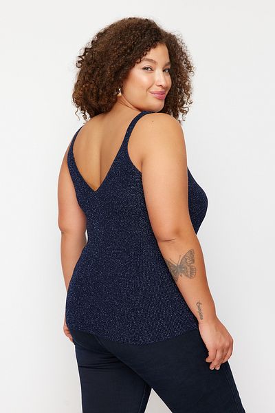 Trendyol Curve بلوزة تريكو رفيعة لامعة مع أشرطة ساكس TBBSS23AF00006