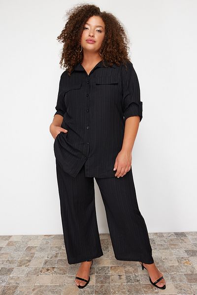 Trendyol Curve Plus Size Black Textured Shirt and Pants Set - TBBSS24CP00010