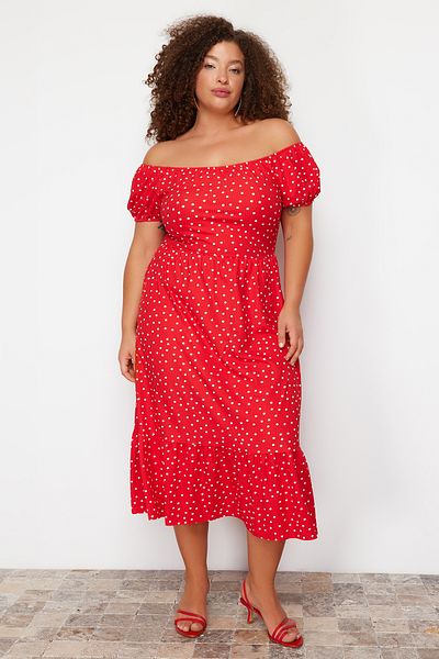 Trendyol Curve Plus Size Red Polka Dot Print Maxi Dress - Tbbss22Ah00009