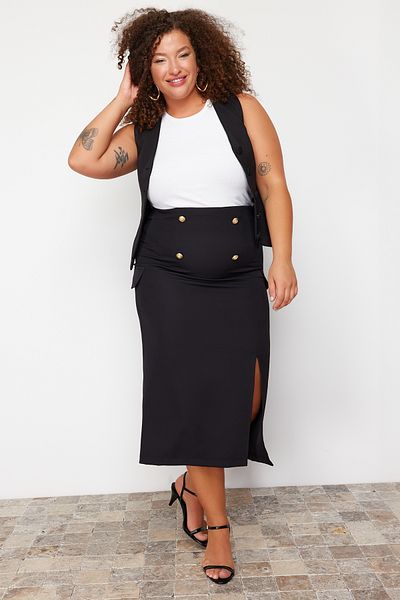 Trendyol Curve Black Button and Pocket Cover Detailed Woven Skirt TBBSS24AZ00055