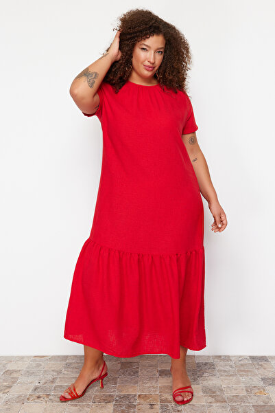 Trendyol Curve Plus Size Red Fake Linen Dress - TBBSS24AH00172