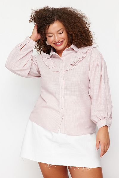 Trendyol Curve Beige Frilled Cotton Woven Shirt TBBSS24AX00010