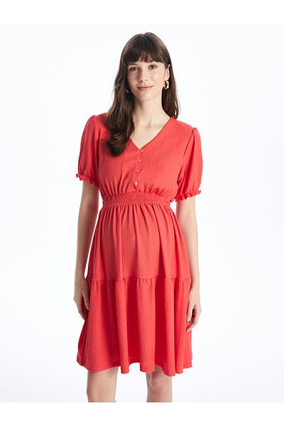 LC Waikiki Crinkle V-Neck Maternity Dress - Solid Short Sleeve