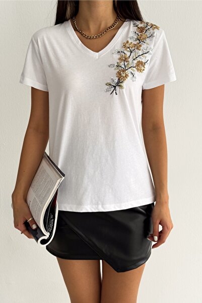 FEMELLE Women's White V-Neck Large Size Flower Sequin Embroidered 100% Cotton Large Size T-Shirt