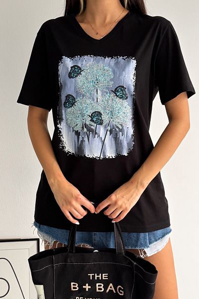 FEMELLE Tricou de damă, negru, cu decolteu în V, mărime mare, cu paiete, brodat, 100% bumbac