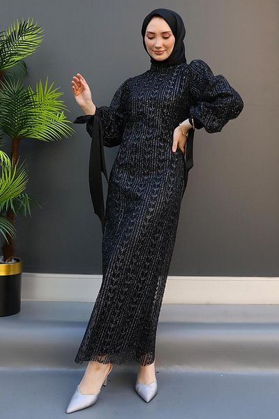 GİZ AGİYİM Pearl Hijab Evening Dress Black