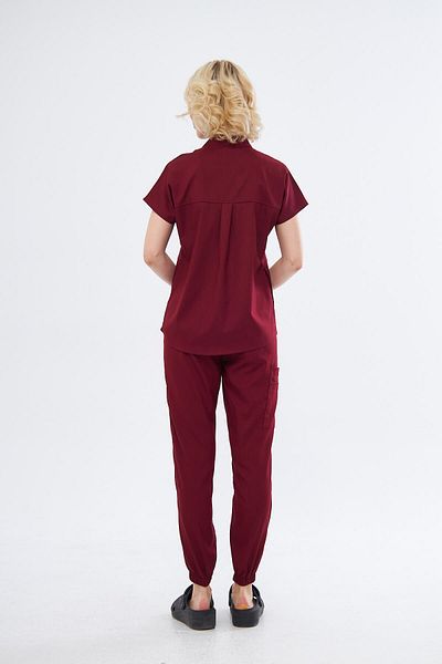 Class Üniforma Nova - Claret Red Flexible Lycra Women's Scrubs with Prevailing Neckline and Half Placket Snaps