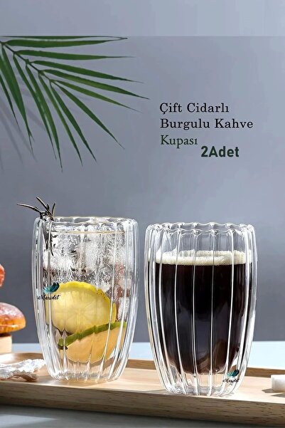 Rosemor 2'li Çift Cidarlı 450ml Isıya Dayanıklı Cam Bardak Çay Süt Kahve Kupa...