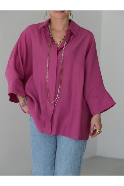 ERTULTEXTILE قميص نسائي فوشيا بأكمام ضيقة وأزرار مخفية مناسب للحجاب، اشتري مق...