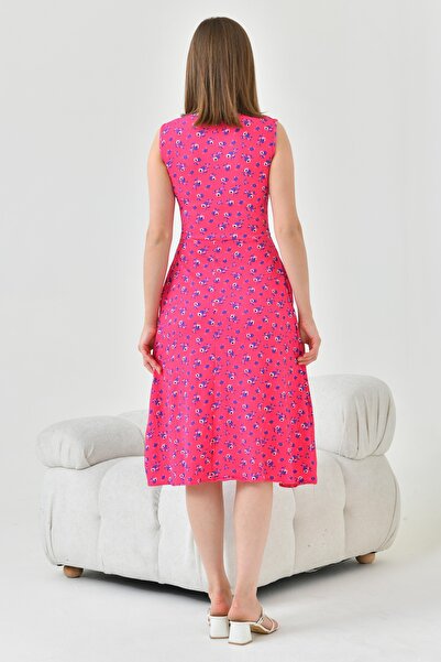 lovebox Flower Patterned Flexible Seersucker Fabric Zero Sleeve Pocket Detail Crew Neck Pink Summer Dress 102