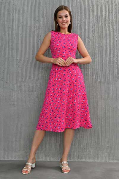 bayansepeti Ευέλικτο Seersucker Zero Sleeve Pocket Λεπτομερές μοτίβο με λαιμόκοψη ροζ φόρεμα 102