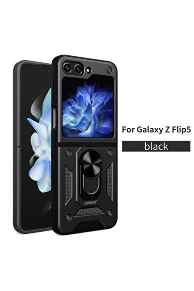 Fibaks Samsung Galaxy Z Flip 5 Kılıf Kamera Korumalı Yüzüklü Armor Military T...
