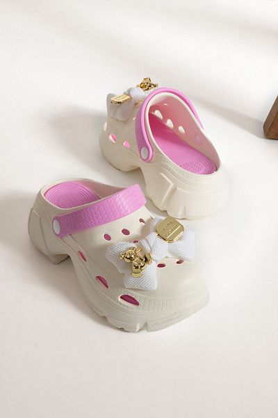 İnan Ayakkabı White/Pink Color Orthopedic Insole Bow Buckle Detailed Sabo Sandals & Slippers 6 Cm Sole