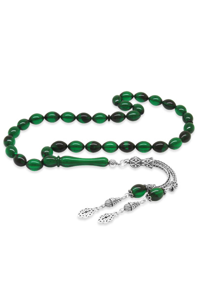 Tesbihane Ασημένιο 925 με διπλές φούντες, κομμένο σε σχήμα κριθαριού, πράσινο-μαύρο κεχριμπαρένιο ροζάριο