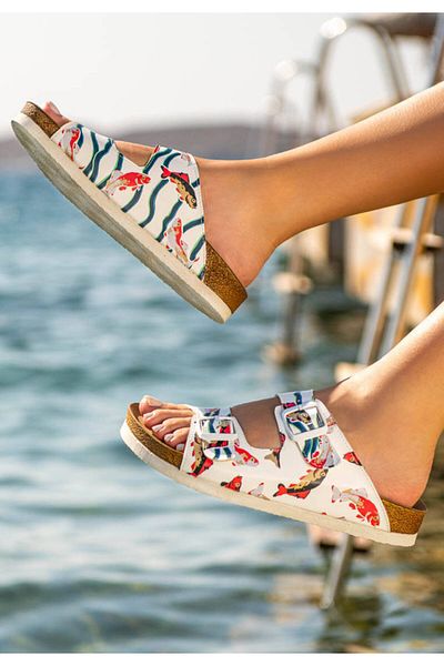 Dogo Women's Vegan Leather White Slippers - Koi World Design