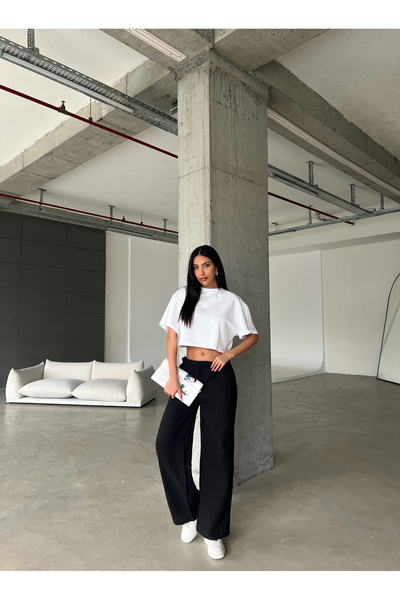 Friday Mood Women's Black Elastic Waist Muslin Trousers