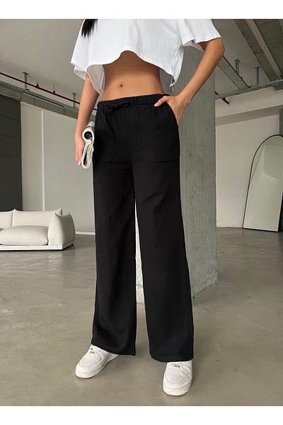 Friday Mood Pantaloni negri de muselină cu talie elastică pentru femei