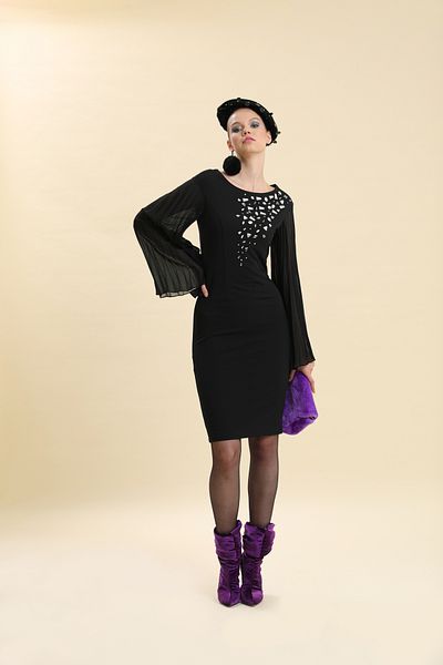 VERDA Hand Embroidered Evening Dress with Pleat Detail on the Sleeves