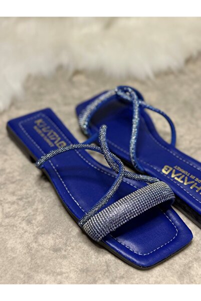 Nstil Papuci albaștri de zi cu zi pentru femei, cu o singură bandă, cu piatră încrucișată, cu vârf tocit, cu toc mic, talpă vara 19